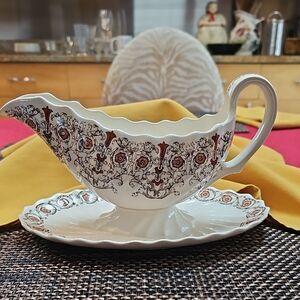 ANTIQUE Copeland Spode Sorrento Gravy Boat with Attached Saucer